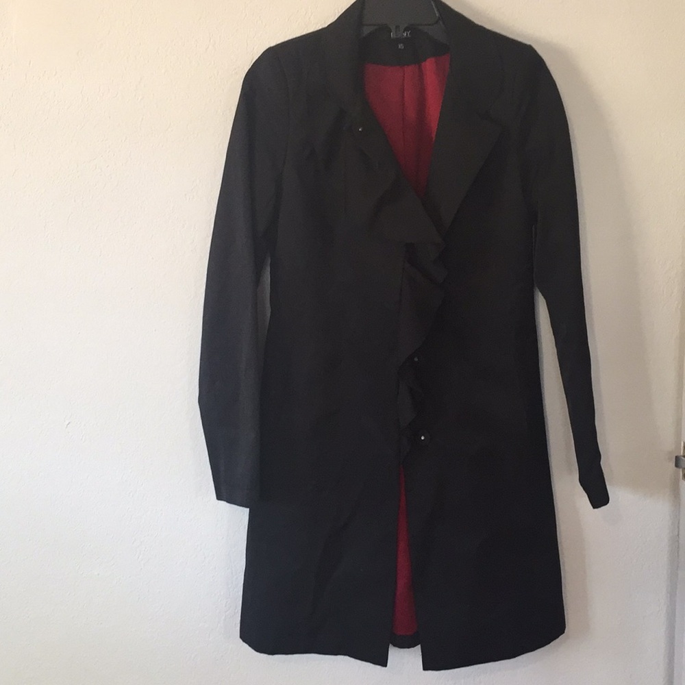 Black ruffled trench coat